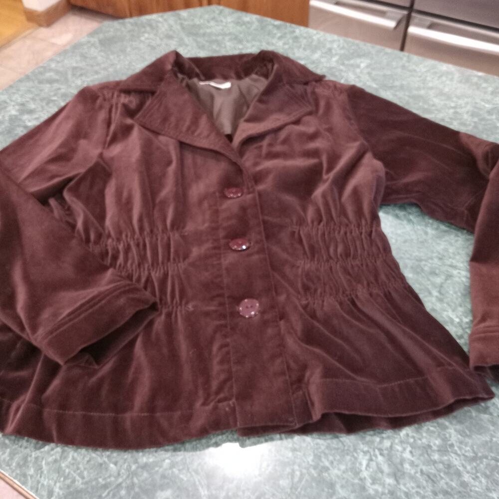 Vintage 90’s Joan Rivers Brown Velvet Ruched Waist Button Jacket Size Large Y2K
